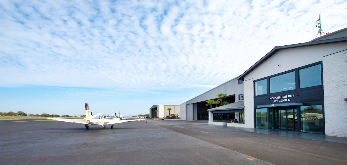 Jet arriving at the Jet Center at the Horseshoe Bay Resort Aviator airport