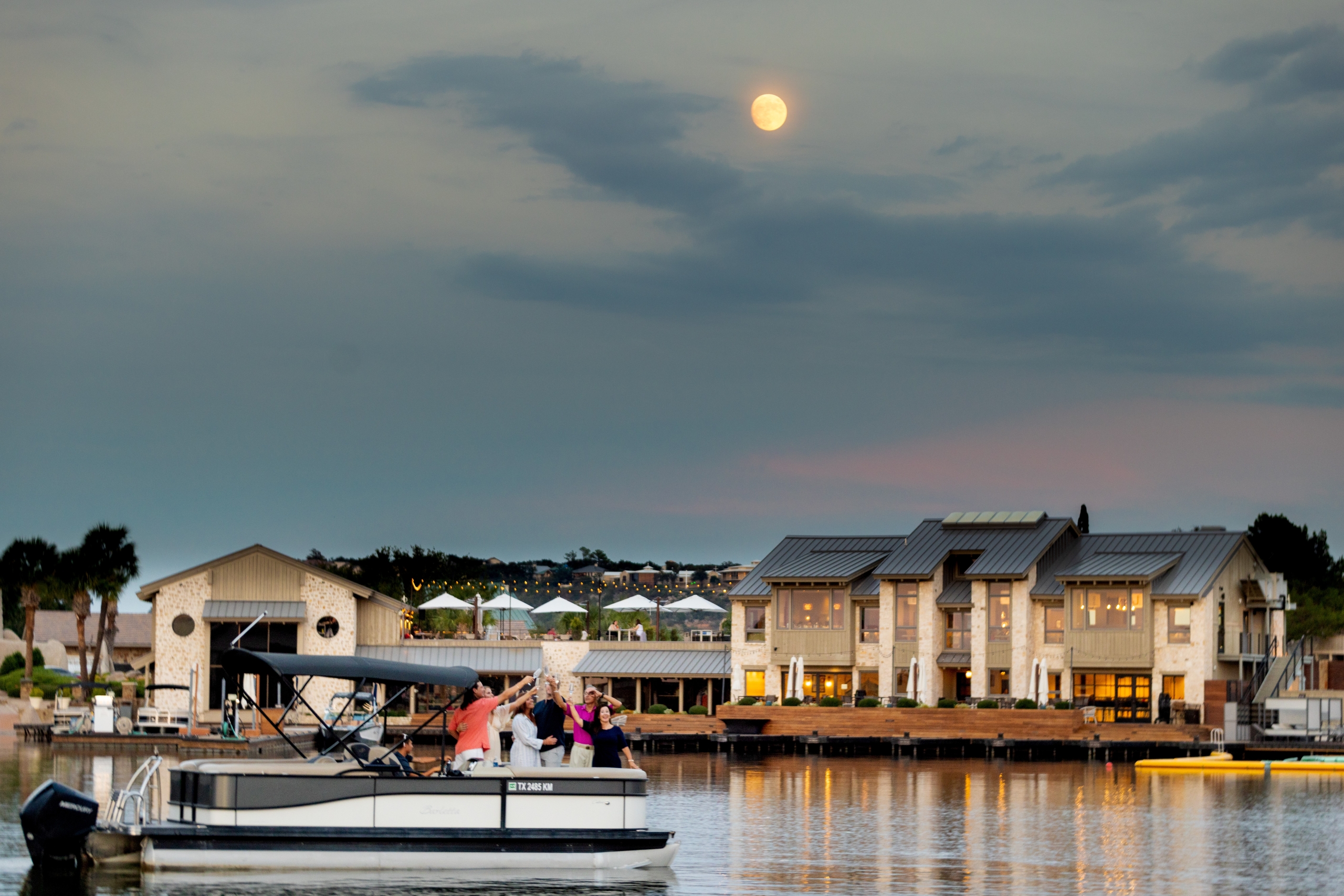 Cruise Lake LBJ from Horseshoe Bay Resort Aviator Marina in a Crest luxury double-decker pontoon with slide and room for 10 passengers.